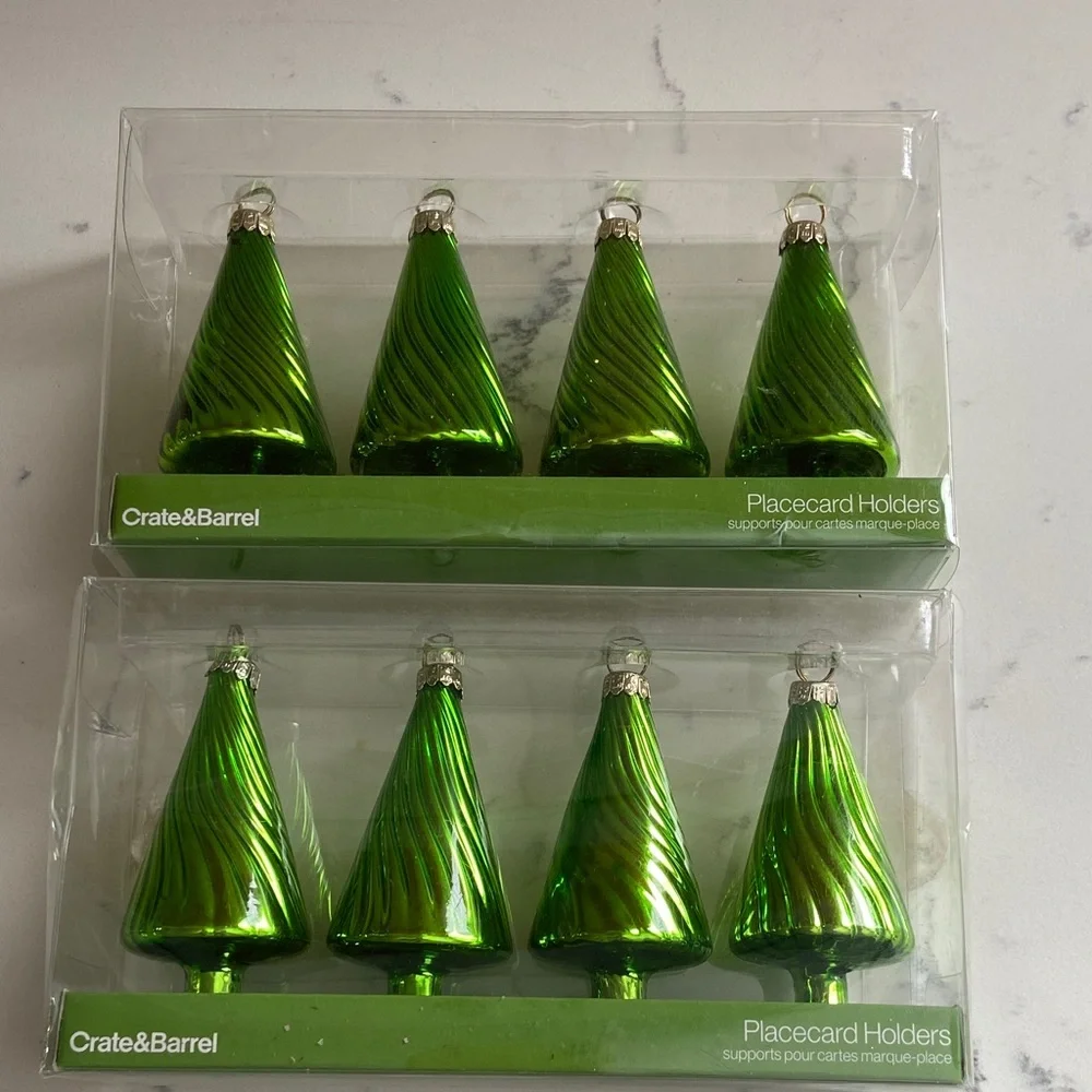 Crate & Barrel Glass Christmas Tree Place Card Holders Set 8 Green